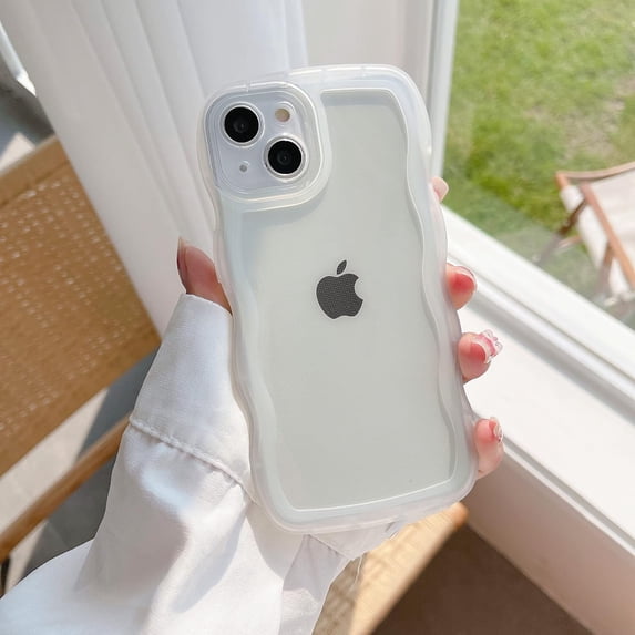 Case for iPhone 13 Pro 6.1 inch, Curly Waves Frame Shape Solid Color Phone Case Clear Soft Shockproof Crystal Non-Yellowing TPU Scratch-Resistant Phone Cover Transparent Bumper Cover - White