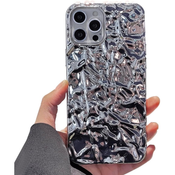 Case for iPhone 13 Pro 6.1 inch, Luxury Bling Glitter Tin Foil 3D Pleats Design Phone Case Soft TPU Electroplated Sparkly Protective Slim Fit Shockproof Phone Bumper Cover - Silver