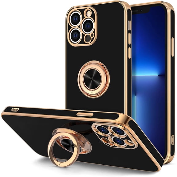 Case for iPhone 13 Pro Case with Ring Stand [360° Rotatable Ring Holder Magnetic Kickstand] Luxury Plating Rose Gold Soft TPU Bumper Shockproof Protective Phone Cases Cover Women Girls, Black