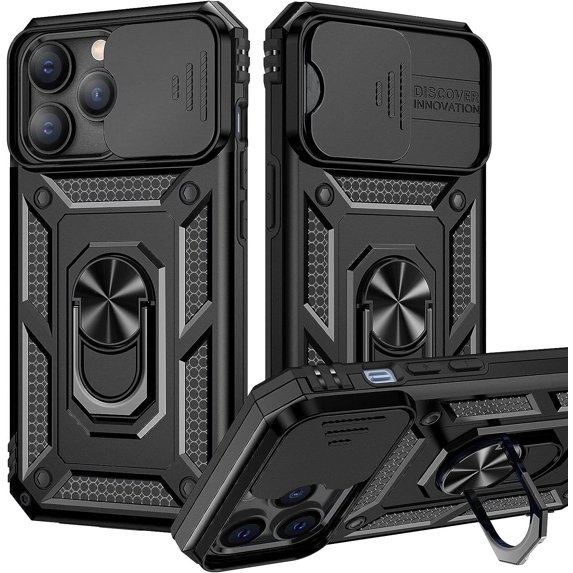 Case for iPhone 13 Pro Case with Slide Camera Cover & Kickstand, Heavy Duty Military Grade Protection Phone Case, Built-in 360° Rotate Ring Stand, Shockproof Full Body Rugged Case (Black)