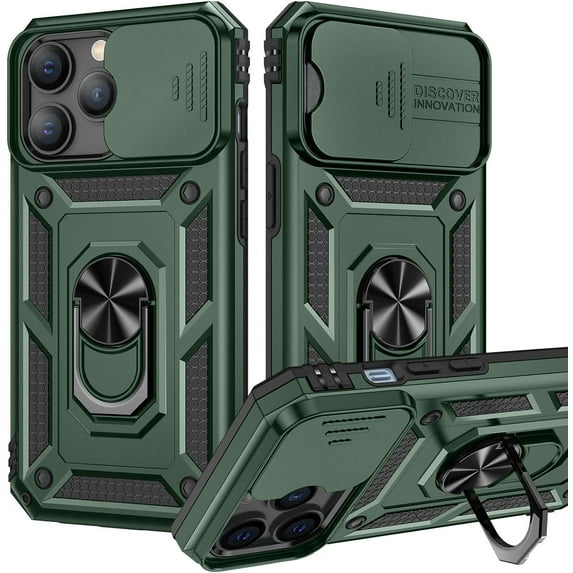 Case for iPhone 13 Pro Case with Slide Camera Cover & Kickstand, Heavy Duty Military Grade Protection Phone Case, Built-in 360° Rotate Ring Stand, Shockproof Rugged Case (Alpine Green)