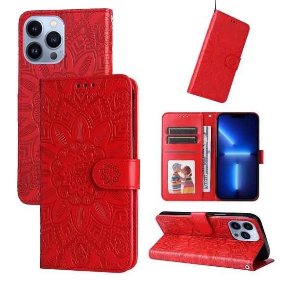 Case for iPhone 13 Pro, Case Sunflower Embossed PU Leather Flip Cover Wallet Case with Cards Slot Holder Kickstand with Strap Protective Cover for Apple iPhone 13 Pro, Red