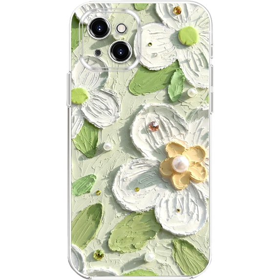 Case for iPhone 13 Pro, Colorful Oil Painting Flowers Leaves Pattern Cute Exquisite Floral Blossom Phone Cover Stylish Durable Soft TPU Shockproof Protective Bumper Case for Girls Women -Green
