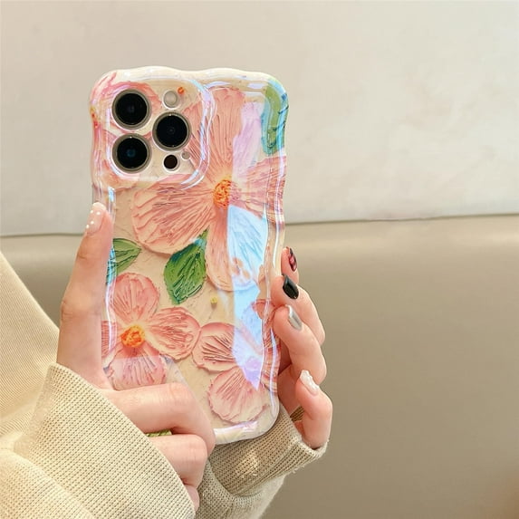 Case for iPhone 13 Pro, Colorful Retro Oil Painting Print Flower Leaves Laser Glossy Pattern Cute Curly Waves Edge Exquisite Phone Cover Stylish Durable TPU Protective Case for Women -Pink#3