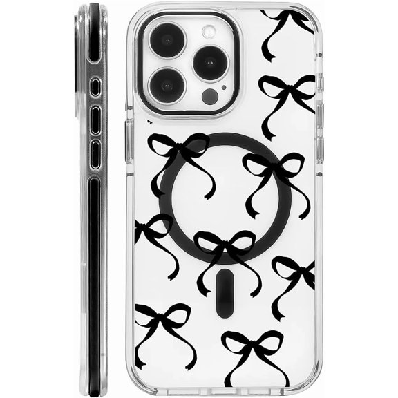 Case for iPhone 13 Pro - Cute Girl Bow Black Design On Clear Base, Compatible with MagSafe, Slim Protective Soft TPU Bumper, Magnetic Cover Case for Women Girls Case for iPhone 13 Pro Black