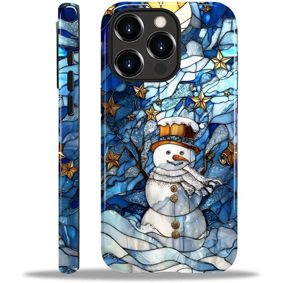 Case for iPhone 13 Pro, Durable Drop Protection Shockproof Silicone and Hard PC 2 in 1 Hybrid Protective Cover with Stylish Pattern Design - Snowman Christmas Moon Winter