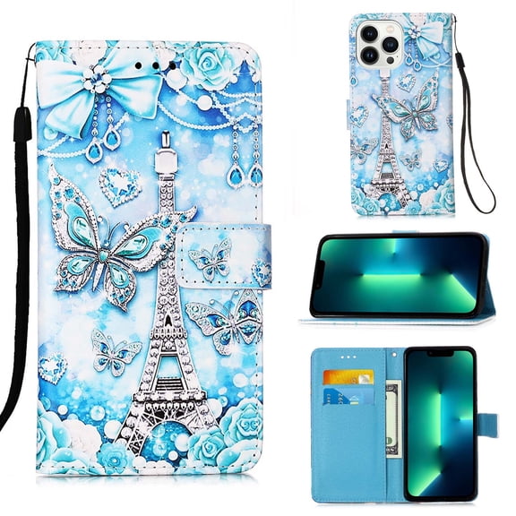 Case for iPhone 13 Pro, Folding Flip Leather Wallet Shockproof Protective Cover with Card Slots Kickstand Magnetic Closure Cute Girls Women Cover,Butterfly Tower