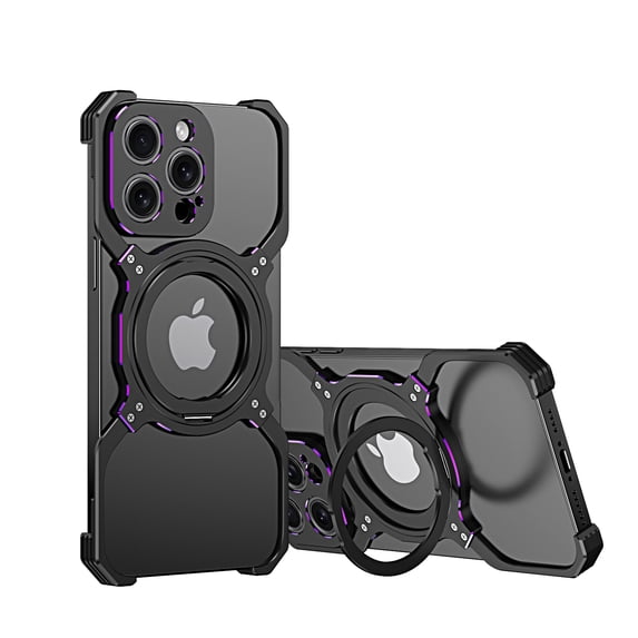Case for iPhone 13 Pro Frameless, with Magnetic Kickstand 360° Rotatable, Bezel Less Metal Slim Hard Ultra Thin for iPhone 13 Pro Case with Ring Holder Magnetic Stand for Men, Black+Purple