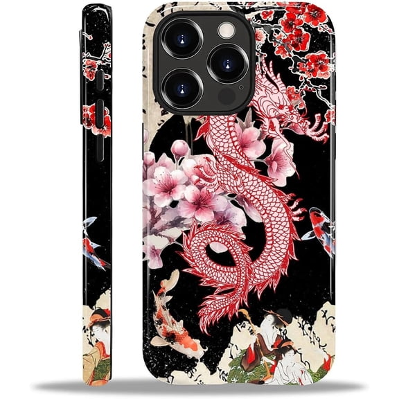 Case for iPhone 13 Pro, Japanese Dragon Plum Blossom Design Hybrid Dual Protection Soft TPU + Hard PC, Shockproof & Anti-Scratch Cover Men Women Stylish Protective Phone Case