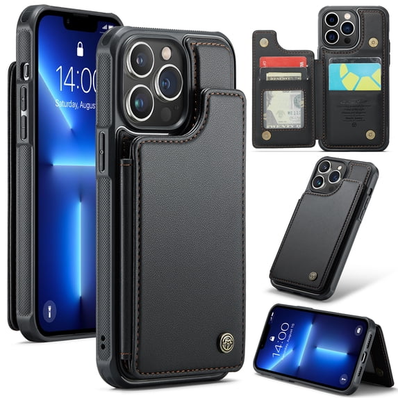 Case for iPhone 13 Pro, Luxury PU Leather Case with Magnetic Clasp Card Slots Kickstand Function Practical Soft TPU Case Back Wallet Flip Phone Cover for iPhone 13 Pro - Black