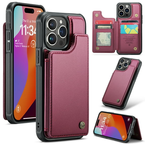 Case for iPhone 13 Pro, Luxury PU Leather Case with Magnetic Clasp Card Slots Kickstand Function Practical Soft TPU Case Back Wallet Flip Phone Cover for iPhone 13 Pro - Winered