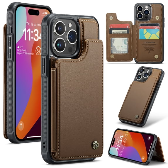 Case for iPhone 13 Pro, Luxury PU Leather Case with Magnetic Clasp Card Slots Kickstand Function Practical Soft TPU Case Back Wallet Flip Phone Cover for iPhone 13 Pro - Brown
