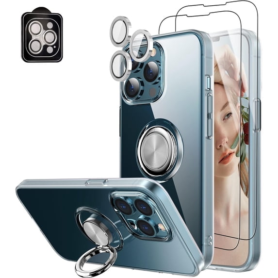 Case for iPhone 13 Pro Max with 2 Tempered Glass Screen Protector, 1 Silver Camera Lens Protector,Clear Body Soft TPU Shockproof Case with Ring Kickstand for iPhone 13 Pro Max 6.7 inch, Clear Set