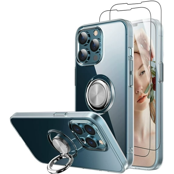 Case for iPhone 13 Pro Max with 2 Tempered Glass Screen Protector, Clear Body Soft TPU Shockproof Case with 360 Degree Rotation Ring Kickstand for iPhone 13 Pro Max 6.7 inch, Clear