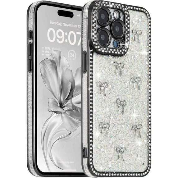 Case for iPhone 13 Pro Max,3D Silvery Ribbon Bow,Crystal Clear Glitter Diamond Rhinestone Sequin Shiny Sparkly Bling,Aesthetic Transparent Soft for iPhone 13 Pro Max Case - Black/Silver Bow