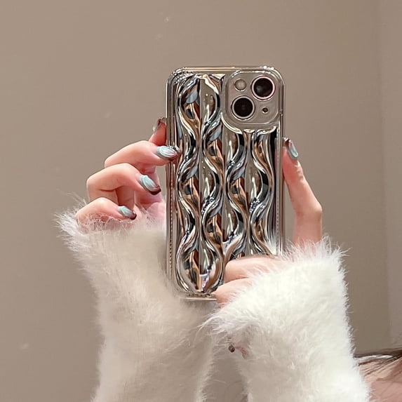 Case for iPhone 13 Pro Max,3D Water Ripple Pattern Chrome Plating Electroplate Non-Yellowing Glossy Case,Soft TPU Full Protection Case for iPhone 13 Pro Max Phone Case 6.7 Inch,Silvery