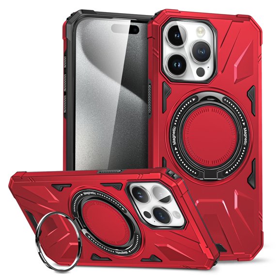 Case for iPhone 13 Pro Max 6.7" with 360° Spin Magnetic Stand Ring Holder, Compatible with MagSafe, 16FT Mil-Grade Shockproof Dropproof Tough Rugged Protective Case Cover,Red,For iPhone 13 Pro Max