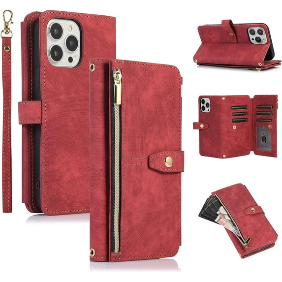 Case for iPhone 13 Pro Max 6.7 inch, 9 Card Slots Retro Leather Wallet Shockproof Flip Cover with Hand Strap Card Slots Zipper Pocket Kickstand Handbag Magnetic Closure - Retro Red Wine