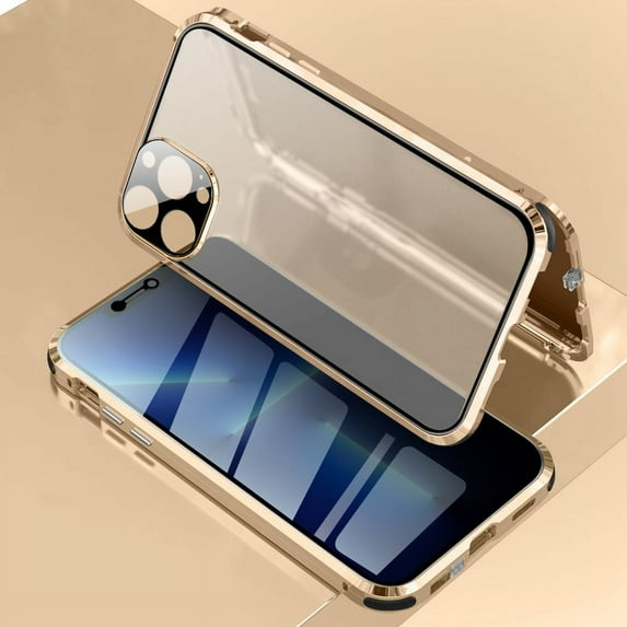 Case for iPhone 13 Pro Max 6.7 inch, Anti Peep Privacy Magnetic Case with Lens Protective Cover and Lock Magnetic Magnetic Absorption Metal Bumper Frame Thin Protective Anti-Spy Phone Case, Gold