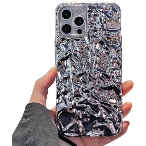 Case for iPhone 13 Pro Max 6.7 inch, Luxury Bling Glitter Tin Foil 3D Pleats Design Phone Case Soft TPU Electroplated Sparkly Protective Slim Fit Shockproof Phone Case Cover - Silver