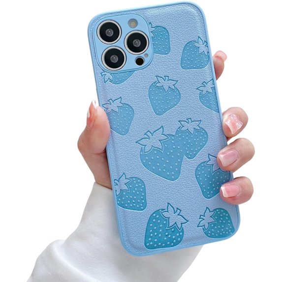 Case for iPhone 13 Pro Max 6.7 inch for Women Girls, Embossed Strawberry Pattern Cute Aesthetic PU Leather Soft Back Cover Full Camera Shockproof Protective Case (Strawberry Blue)