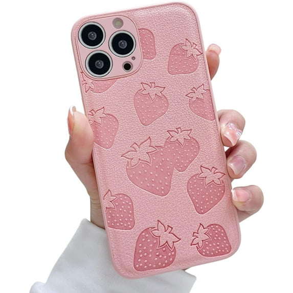 Case for iPhone 13 Pro Max 6.7 inch for Women Girls, Embossed Strawberry Pattern Cute Aesthetic PU Leather Soft Back Cover Full Camera Shockproof Protective Case (Strawberry Pink)