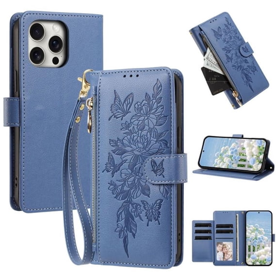 Case For iPhone 13 Pro Max Butterfly Flower Multi-card Holder Zipper Wallet With Lanyard Magnetic Clasp Flip Stand Leather Phone Case,Blue,For iPhone 13 Pro Max