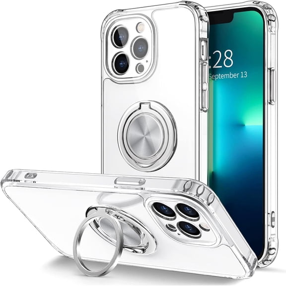 Case for iPhone 13 Pro Max Case with Ring Stand [ Rotatable Ring Holder Magnetic Kickstand] [Support Car Mount] Transparent Hard PC Cover Shockproof Protective Phone Case, Clear