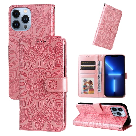 Case for iPhone 13 Pro Max, Case Sunflower Embossed PU Leather Flip Cover Wallet Case with Cards Slot Holder Kickstand with Strap Protective Cover for Apple iPhone 13 Pro Max, Rosegold