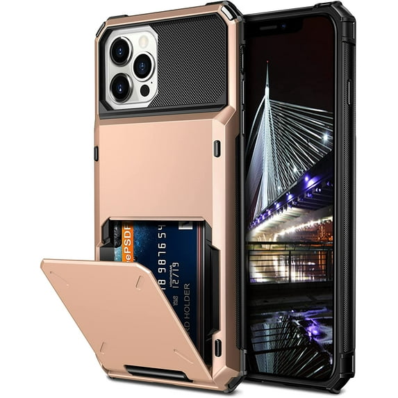Case for iPhone 13 Pro Max Case Wallet 4-Card Holder ID Slot Flip Door Hidden Pocket Anti-Scratch Dual Layer Hybrid TPU Bumper Protective Hard Shell Back Cover for iPhone 13 Pro Max Rose Gold
