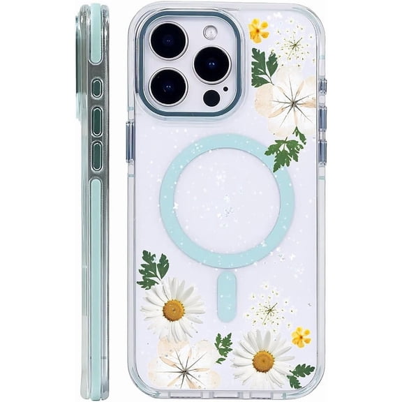 Case for iPhone 13 Pro Max Case, White Pressed Flower Compatible with MagSafe & Magnetic Wireless Charging, Shockproof Protective Phone Case Cover Case for iPhone 13 Pro Max, Clear Blue