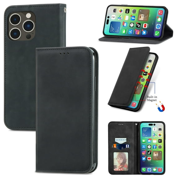 Case for iPhone 13 Pro Max, Classic Business Premium PU Leather Cover TPU Bumper with Card Holder Kickstand Magnetic Adsorption Flip Wallet Case Cover for iPhone 13 Pro Max 6.7",Black