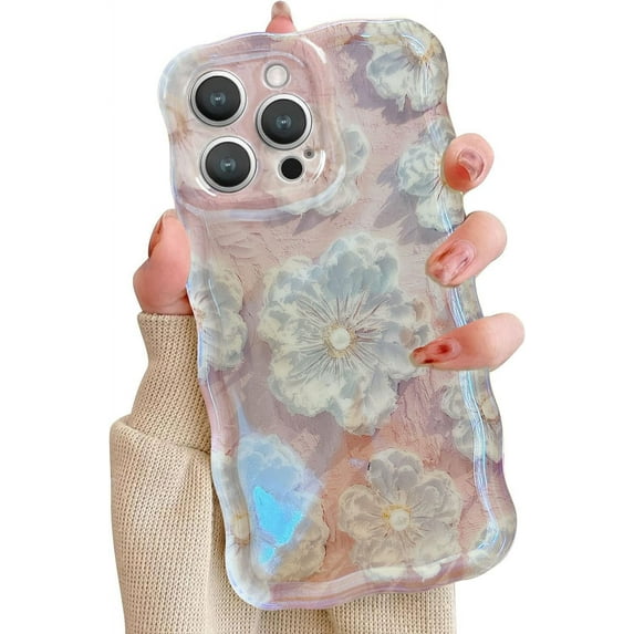 Case for iPhone 13 Pro Max, Colorful Retro Oil Painting Flower Laser Beam Glossy Pattern Cute Curly Wave Border Exquisite Phone Cover Stylish Durable TPU Protective Case for Girls Women-#2