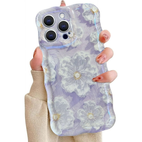 Case for iPhone 13 Pro Max, Colorful Retro Oil Painting White Flower Laser Glossy Cute Floral Curly Wave Border Exquisite Phone Cover Stylish Durable TPU Protective Case for Women-Purple#2
