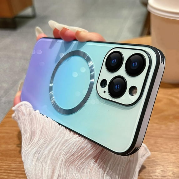 Case for iPhone 13 Pro Max Compatible with MagSafe Gradient Cover Camera Lens Protection Slim Shockproof Soft TPU Bumper Glass Back Phone Case for Women Men-Blue