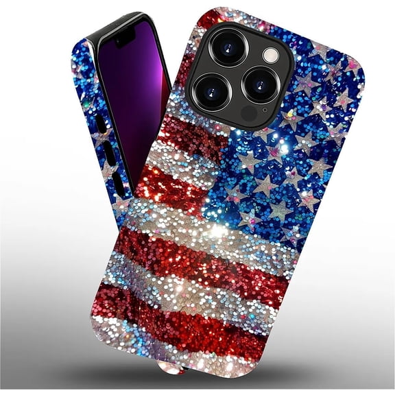 Case for iPhone 13 Pro Max, Glitter The American Flag 2 in 1 Hard Shell + Silicone, Shockproof Bumper Drop Protective Compatible with iPhone 13 Pro Max