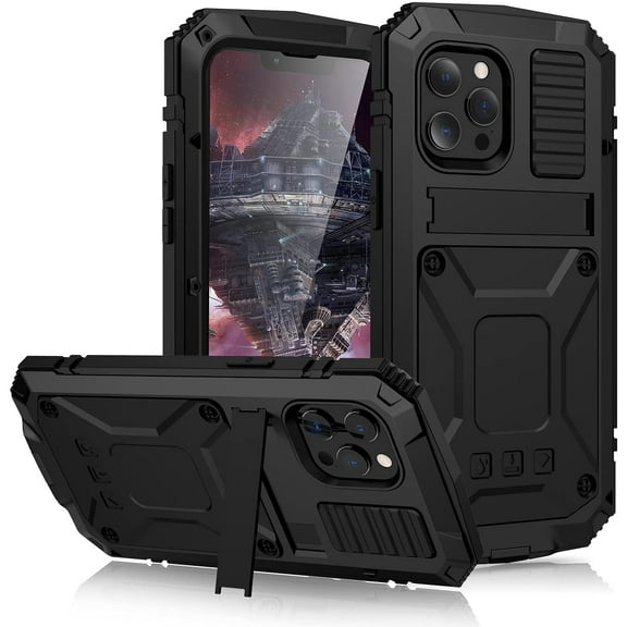 Case for iPhone 13 Pro Max,Heavy Duty Shockproof Full-Body Sturdy Protective Metal Hard Case with Built-in Screen Protector and Stand for iPhone 13 Pro Max 6.7 inch (Black)