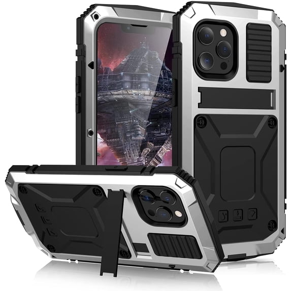 Case for iPhone 13 Pro Max,Heavy Duty Shockproof Full-Body Sturdy Protective Metal Hard Case with Built-in Screen Protector and Stand for iPhone 13 Pro Max 6.7 inch (Silver)