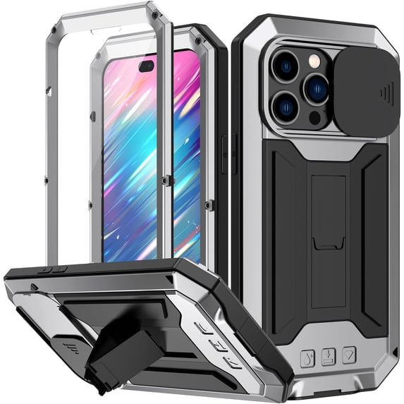 Case for iPhone 13 Pro Max,Military Grade 3 in 1 Metal Full-Body Rugged Stylish Kickstand Protective Case with Built-in Screen Protector Phone Case for iPhone 13 Pro Max,6.7 inch 2021 (Silver)