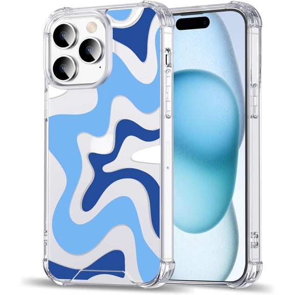 Case for iPhone 13 Pro Max, Painting Printed Cute Wavy Pattern Simple Exquisite Stylish iPhone 13 Pro Max Cases Durable Soft TPU Protective Slim Phone Cover for Girls Women Men, White & Blue
