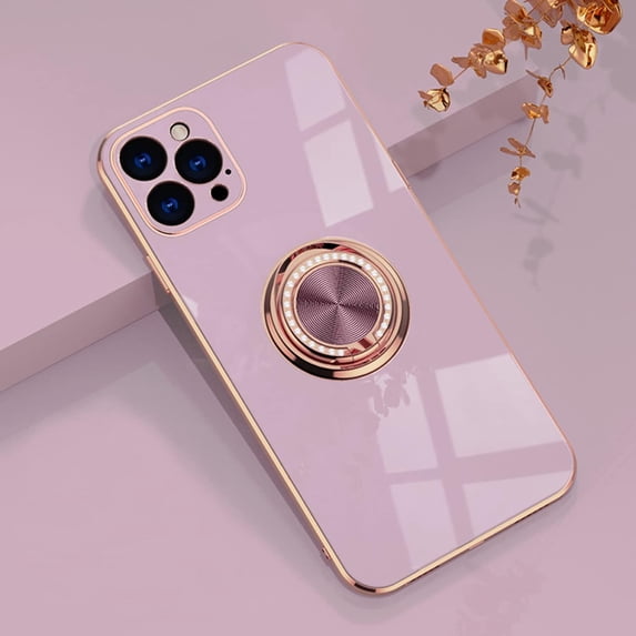 Case for iPhone 13 Pro Max Ring Holder Case with Diamond Shiny Plating Rose Gold Edge Built-in 360 Rotation Magnetic Kickstand for Women Girls Slim Soft TPU Protective Cover 6.7 Inch, Purple
