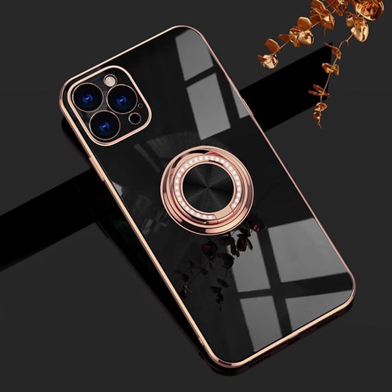 Case for iPhone 13 Pro Max Ring Holder Case with Diamond Shiny Plating Rose Gold Edge Built-in 360 Rotation Magnetic Kickstand for Women Girls Slim Soft TPU Protective Cover 6.7 Inch, Black