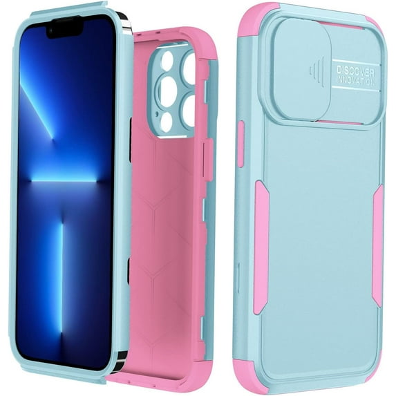 Case for iPhone 13 Pro Max with Slide Camera Cover, Heavy Duty Shockproof Three Layers Protective Case with Full Body Rubber Bumper Dropproof Protection for iPhone 13 Pro Max, Green Pink