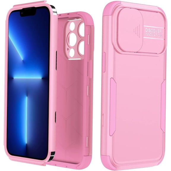 Case for iPhone 13 Pro Max with Slide Camera Cover, Heavy Duty Shockproof Three Layers Protective Case with Full Body Rubber Bumper Dropproof Protection for iPhone 13 Pro Max, Pink