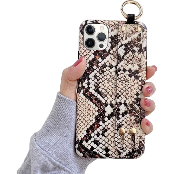 Case for iPhone 13 Pro Max Snakeskin Cover with Wrist Strap Kickstand Luxury Smooth Touch Crocodile Print for Women Girls Ultra Thin Hard PC Shockproof Protective Cover Case 6.7 inch, Brown