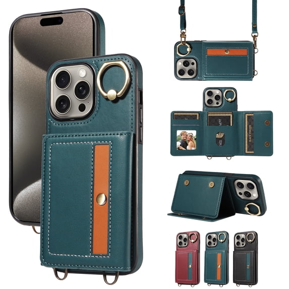 Case for iPhone 13 Pro Max Wallet Case, Flip Leather Case with 4 Card Holder, Ring Holder Kickstand Shockproof Protective Folio Phone Cover Crossbody Strap for Women Ladies,Cyan