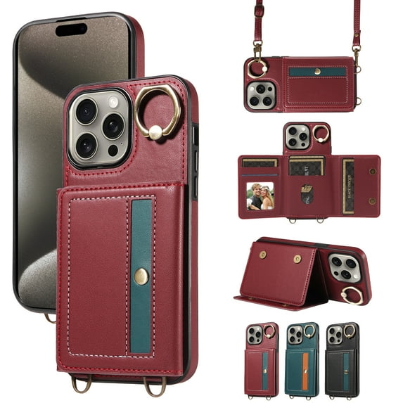 Case for iPhone 13 Pro Max Wallet Case, Flip Leather Case with 4 Card Holder, Ring Holder Kickstand Shockproof Protective Folio Phone Cover Crossbody Strap for Women Ladies,Red