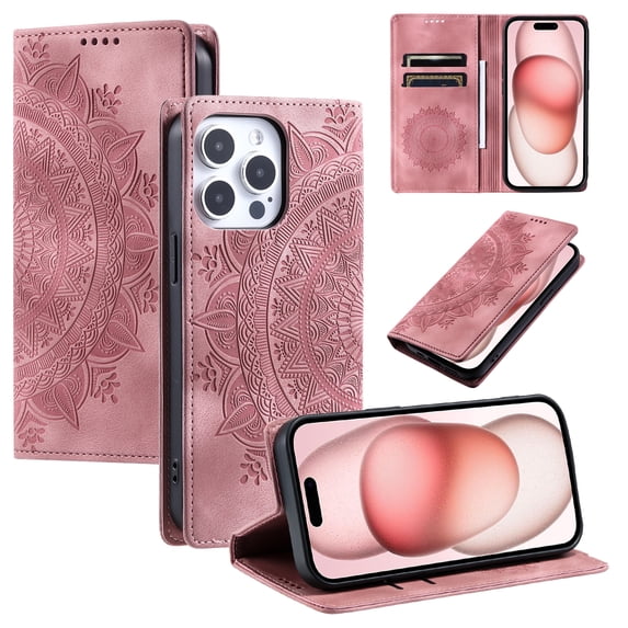 Case for iPhone 13 Pro Max Wallet Case for Women Girls with Card Holder, Embossed Flower Pattern Magnetic Flip PU Leather Purse Protective Phone Cover for iPhone 13 Pro Max, Pink