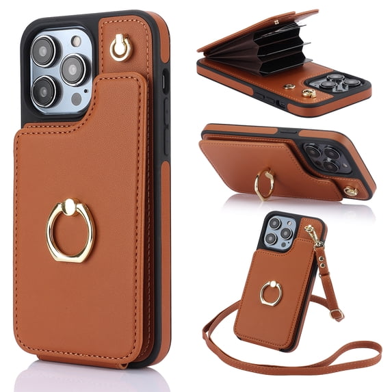 Case for iPhone 13 Pro Max Wallet Phone Case with Ring Stand & Adjustable Crossbody Strap, Stylish Multi-Funtional Accordion Style Flip Case with Card Slots for Women Girls, Brown