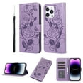 thumbnail image 1 of Case for iPhone 13 Pro Max Wallet Case for Women with Card Holder Butterfly Embossed Clover Rose Flower Flip PU Leather Magnetic Phone Cover Kickstand with Lanyard For iPhone 13 Pro Max, Purple, 1 of 8